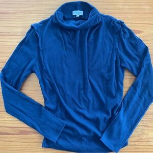 Ribbed Knit Turtleneck Mock Neck Navy Long Sleeve Tee | Made in USA